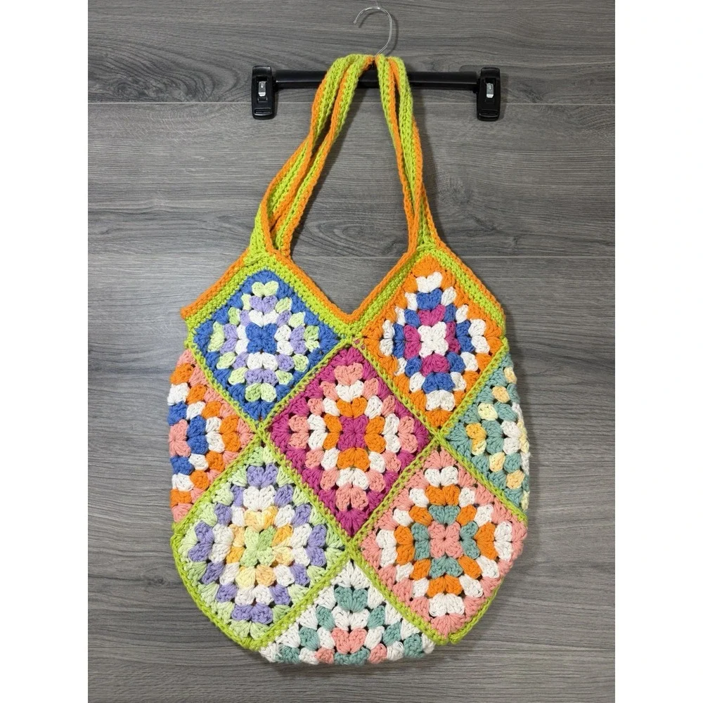 Handmade Crochet Granny Square Tote Bag Multicolor Boho Hippie Travel Bright